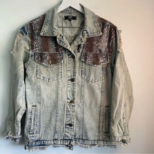 L&B Lucky & Blessed sequins snakeskin distressed denim jacket size small